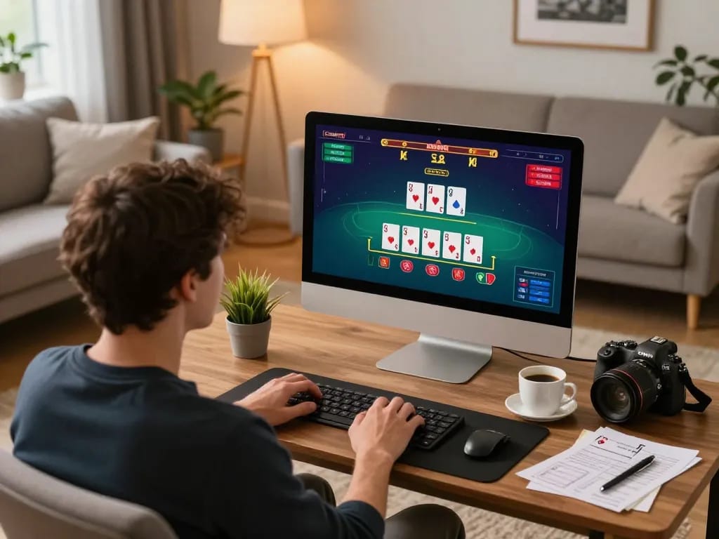 Player utilizing GO99 for an engaging online blackjack experience at home, showcasing a comfortable gaming setup.