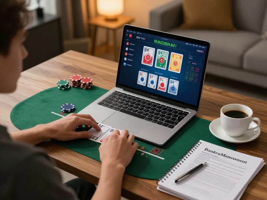 Engaging in strategic online blackjack gameplay at home while managing bankroll, jaeyongkim.