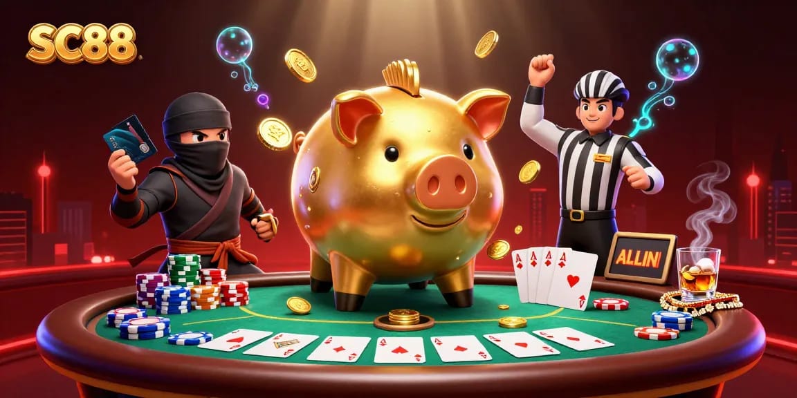 SC88 roaring with excitement amidst a vibrant casino scene, featuring a golden piggy bank sumo wrestler, poker chips, and action