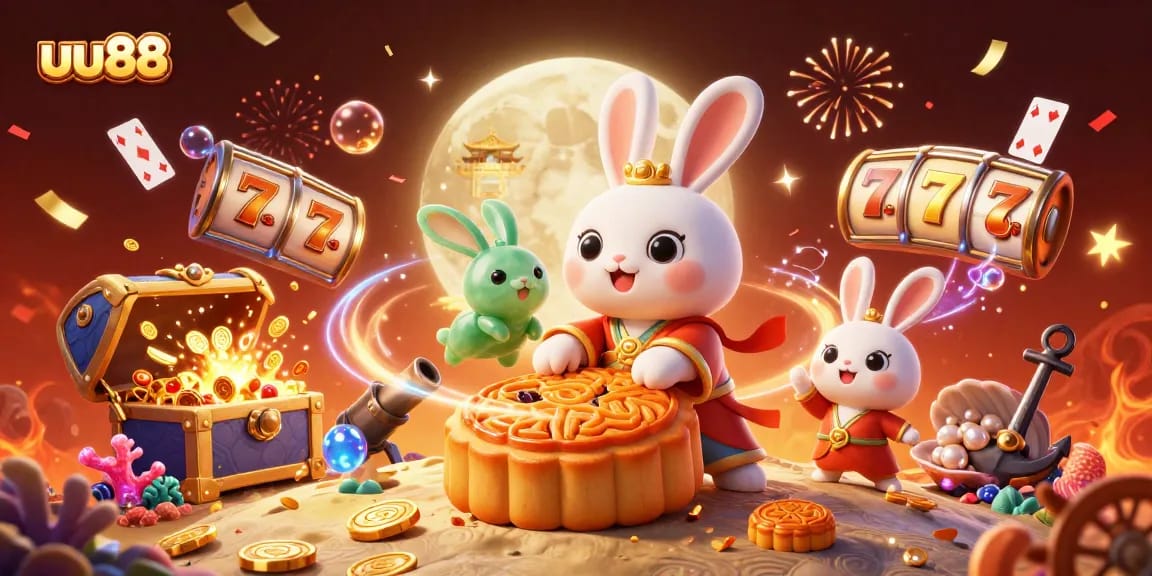 Win big at uu88: Cartoon moon rabbit and friends reveal poker chips inside golden mooncakes.