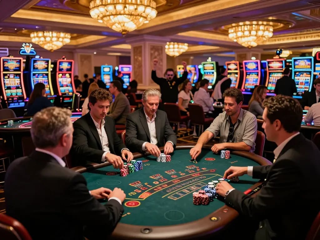 Players engaging in a blackjack game at Las Vegas casino, showcasing Ok9 thrilling casino atmosphere and strategic gameplay.