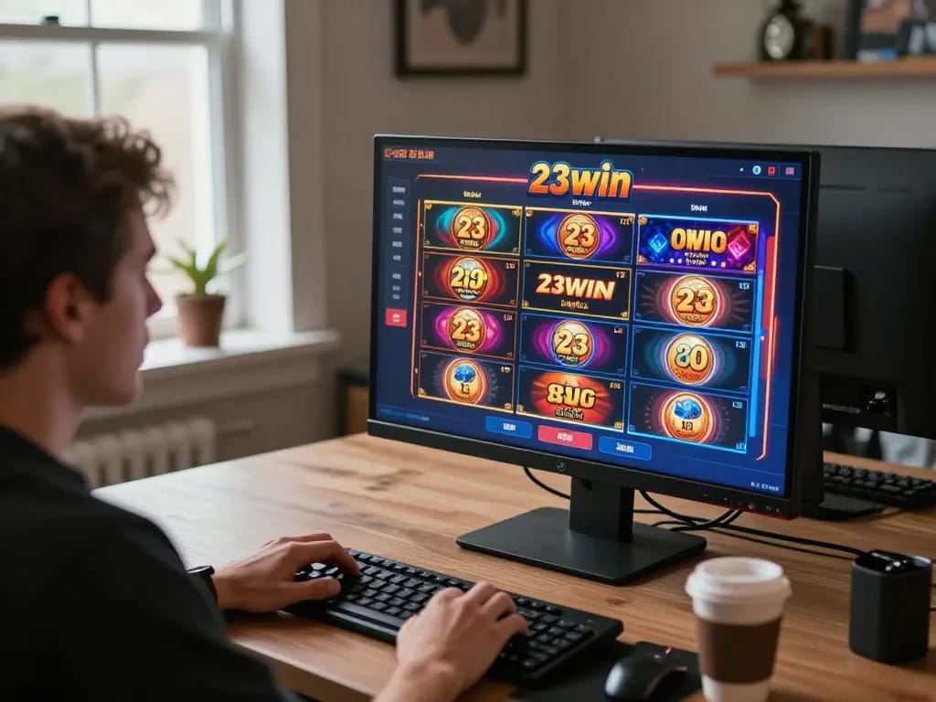 Engaging player enjoying online slots at 23win with vibrant graphics and focused atmosphere