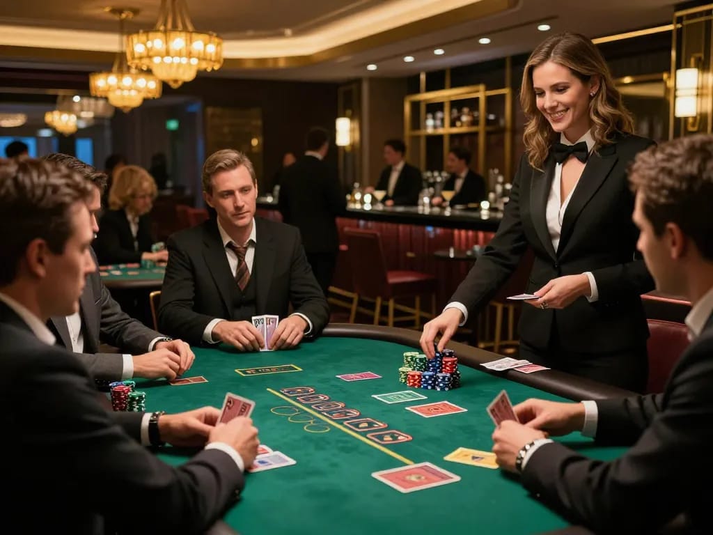 Players strategizing at a blackjack table in an upscale casino, showcasing the engaging experience with ok365