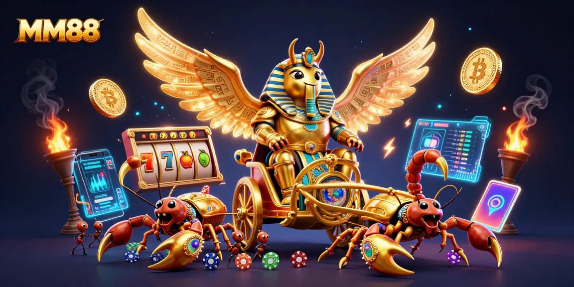 Engage with MM88's vibrant casino world, showcasing a golden scarab among dynamic game elements and crypto coins.
