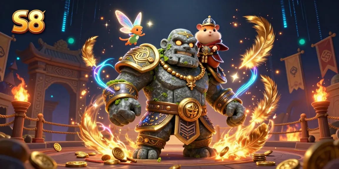 Engage with the thrilling world of S8 as animated characters battle amidst sparkling magical visuals and casino elements.