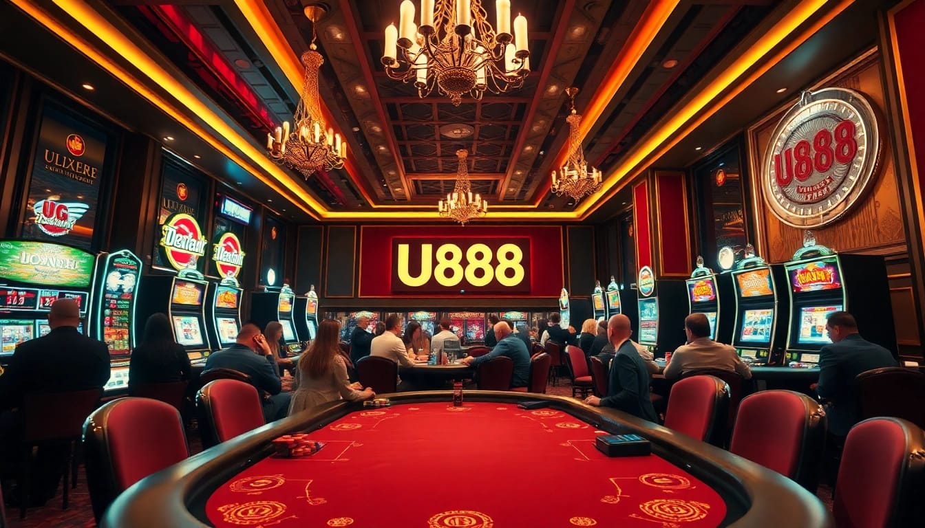 Experience the thrilling U888 gaming environment with players at an elegant poker table and bright slot machines.