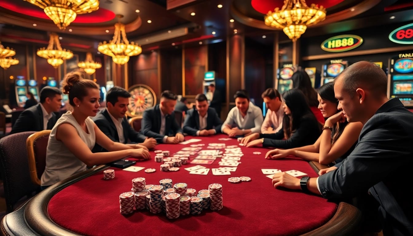 Experience the excitement of HB88 with players at a poker table, surrounded by vibrant casino elements.