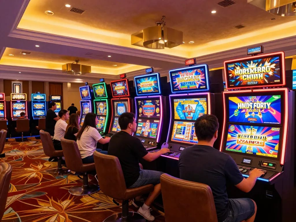 Players enjoying exciting slot games in a vibrant casino at 28betca, showcasing engaging atmosphere.