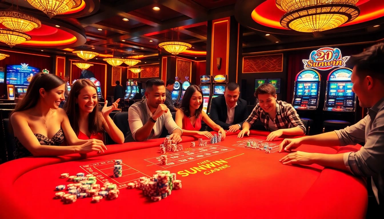 Experience thrilling gameplay at Sunwin's vibrant casino tables with colorful chips and professional dealers.