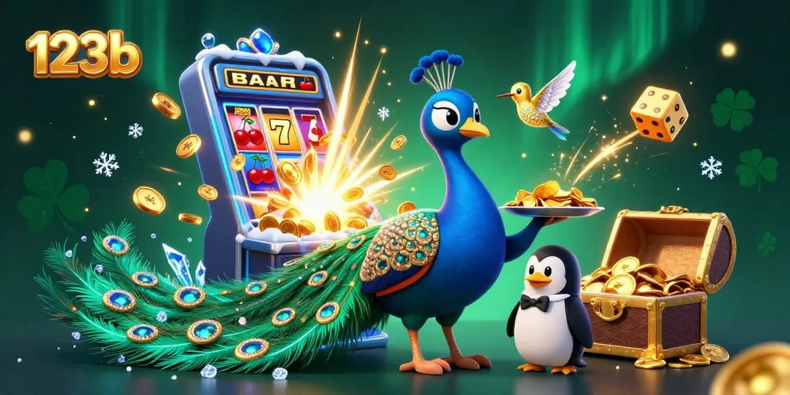 Experience the thrill at 123b with a vibrant 3D casino scene showcasing extravagant characters and dynamic gaming elements.