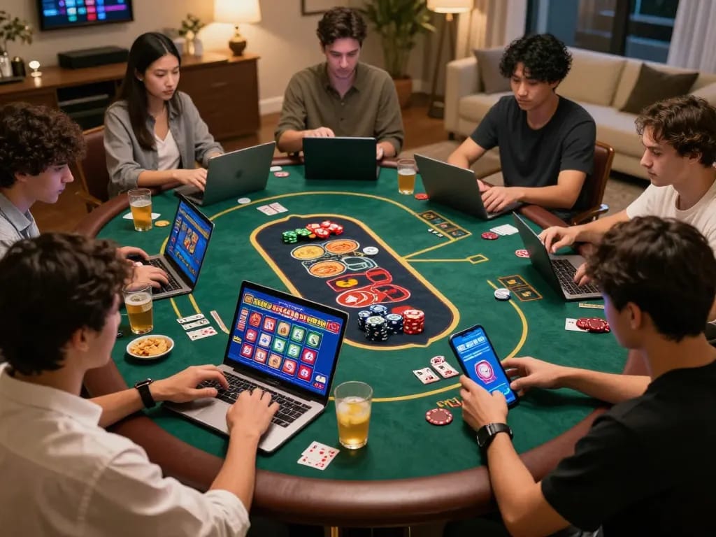Players enjoying Bong88 online casino games in a cozy home setting with colorful screens.