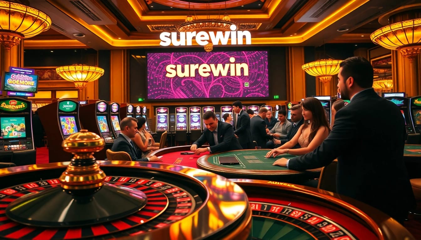 Experience the thrill of winning at surewin's luxurious casino table settings and vibrant slot machines.