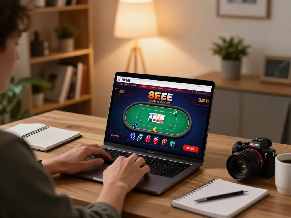 Player enjoying 8EEE online casino experience with a laptop showcasing vibrant poker game.