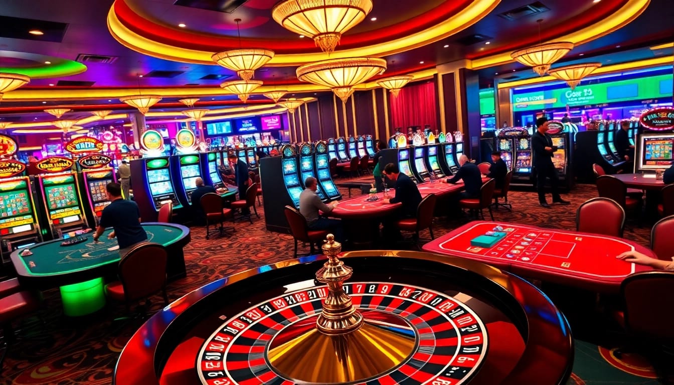 Engaging casino scene at https://nk88top.com/ featuring poker tables, slot machines, and roulette action.