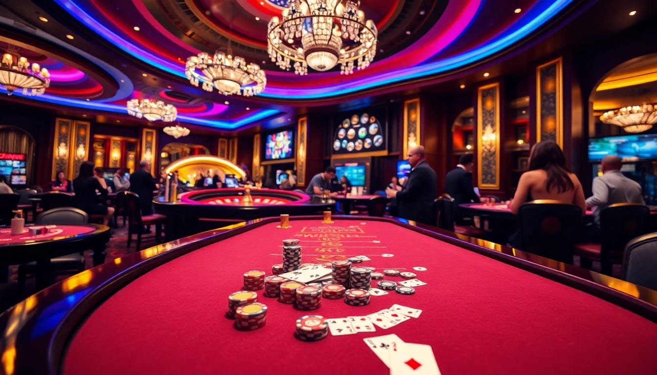 Engaging scene of a luxurious casino lobby with b52 gaming tables and vibrant participatory elements.