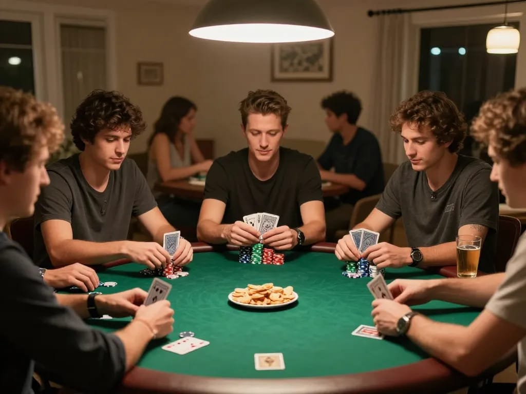 MM88 players enjoying an exciting poker game night with focused expressions and chips on the table.
