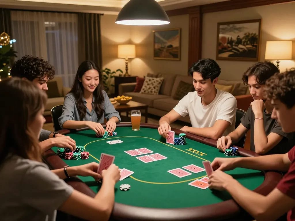 Nohu90 home poker game night with friends celebrating strategy and excitement at the table.