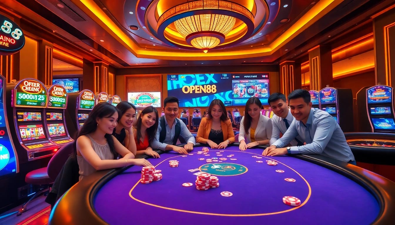 Engage with the exciting atmosphere of https://open88.bid/ featuring vibrant casino scene with poker chips and slot machines.