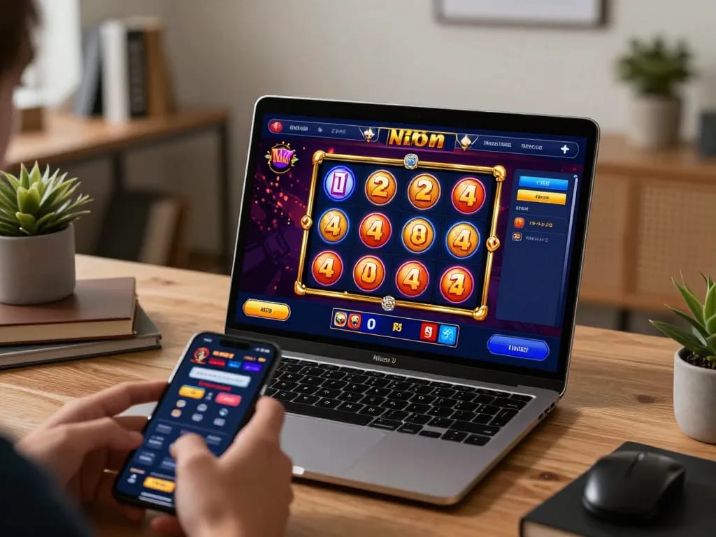 uk88 gamers play dynamic slot games with excitement on a laptop and smartphone interface