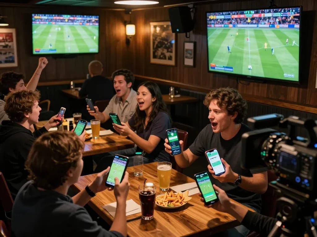 Football betting scene where enthusiasts place bets using apps while enjoying the game.