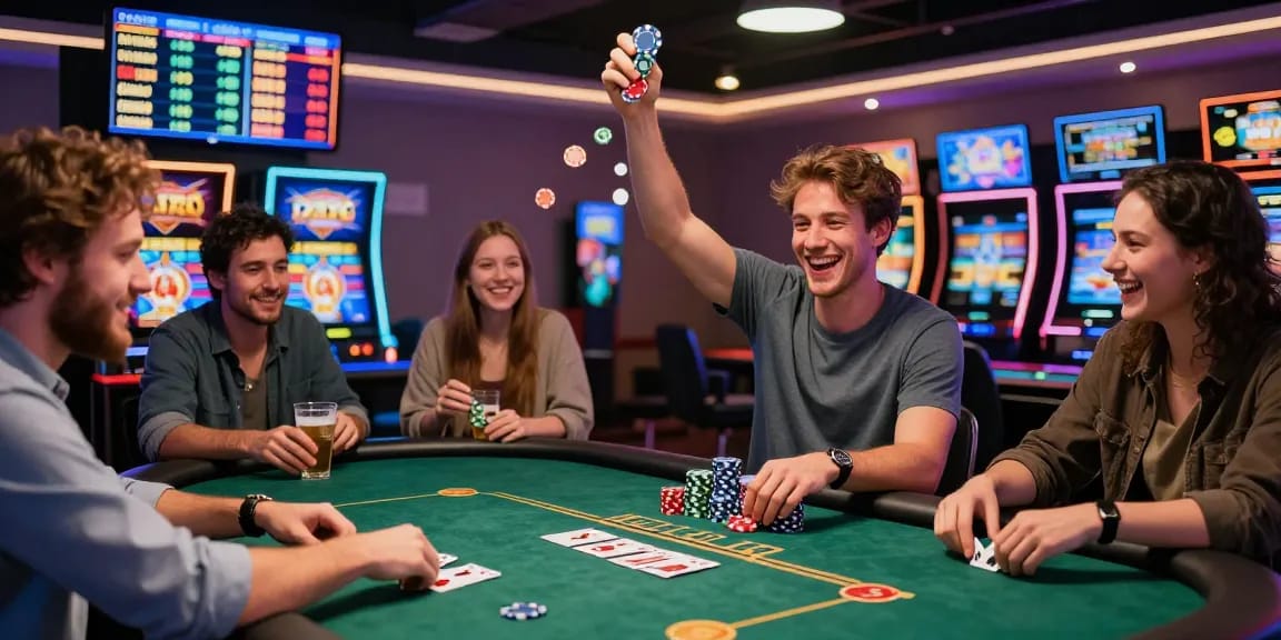 Exciting gaming experience at HELLO88 with players celebrating wins and vibrant casino atmosphere.