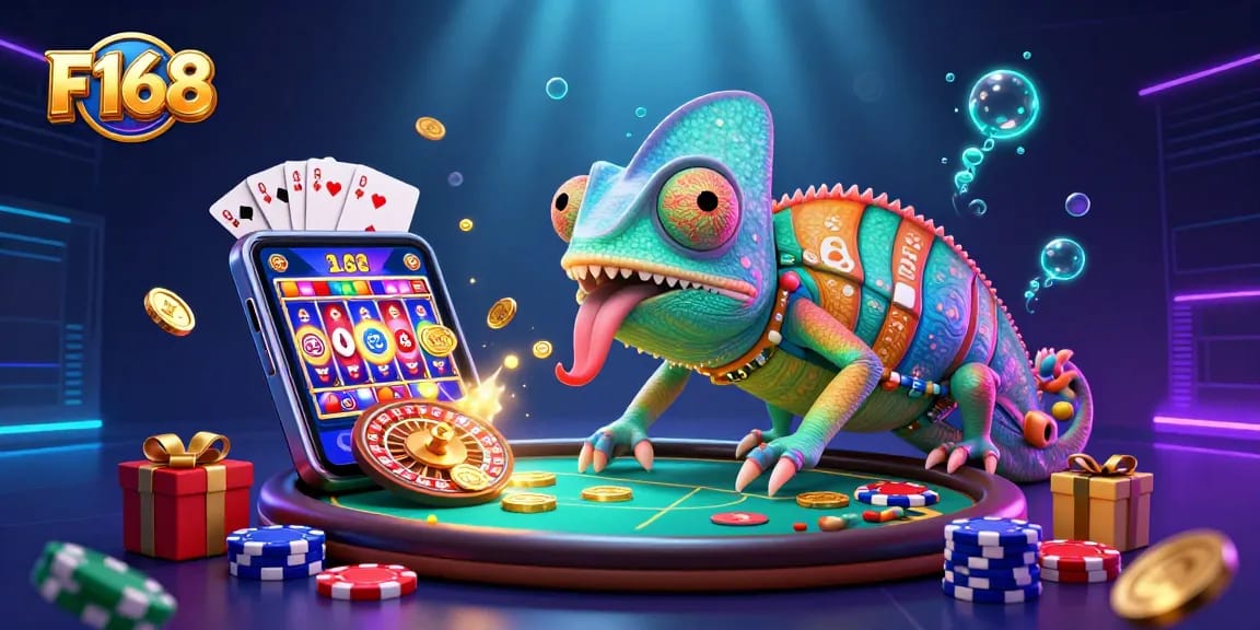 F168 chameleon casino owner catches coins while overseeing vibrant online gaming experience.