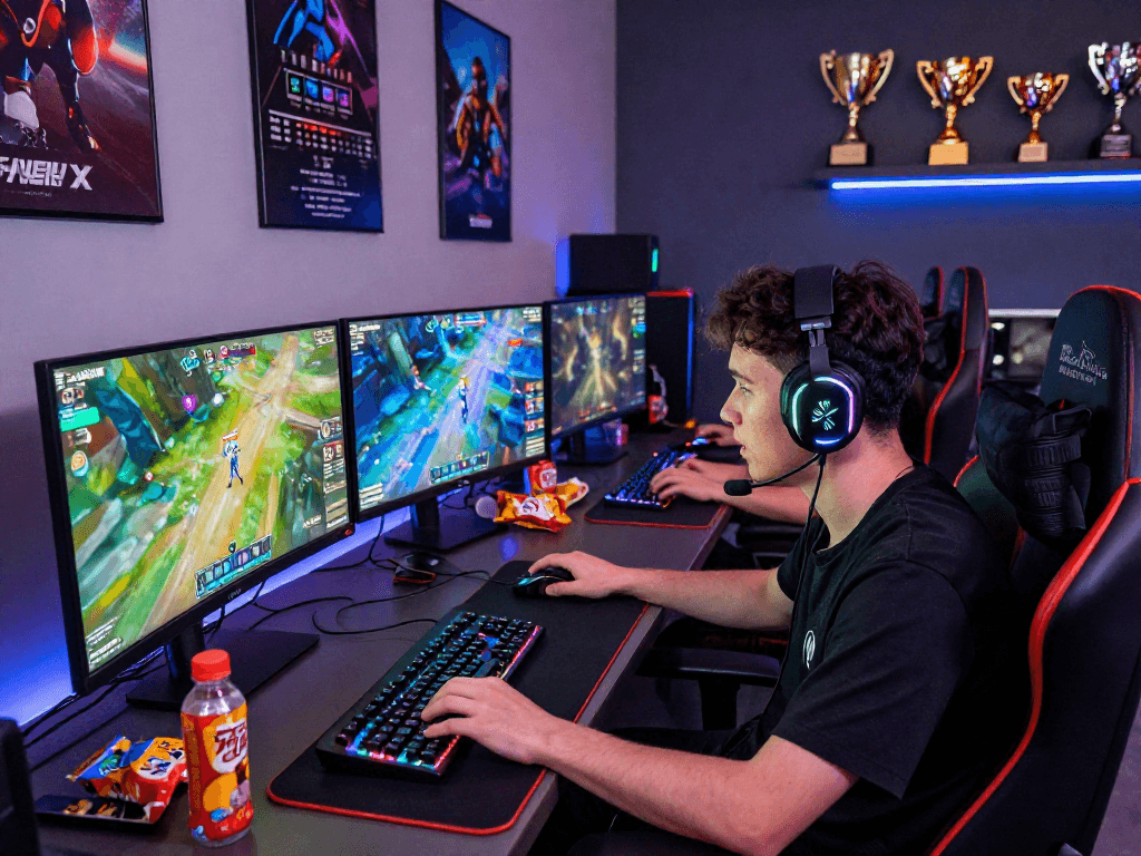 Gamer immersed in competitive gaming with KOMBET168 interface on screen, vibrant setup showcasing high-tech equipment and energy.