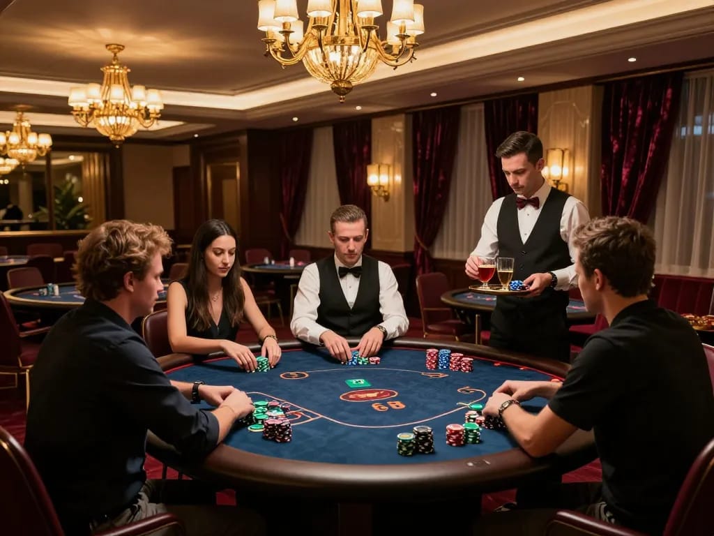 CM88 high-stakes poker game in an exclusive casino environment with engaged players and warm lighting