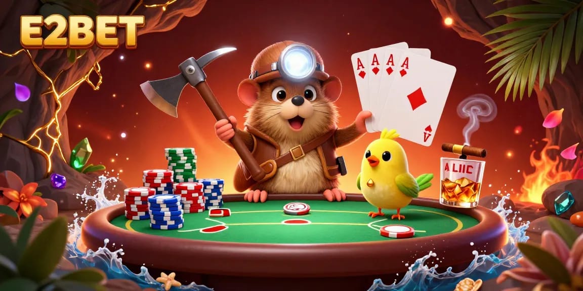 E2BET brings excitement with a treasure hunter mole and poker elements in a vibrant casino scene.