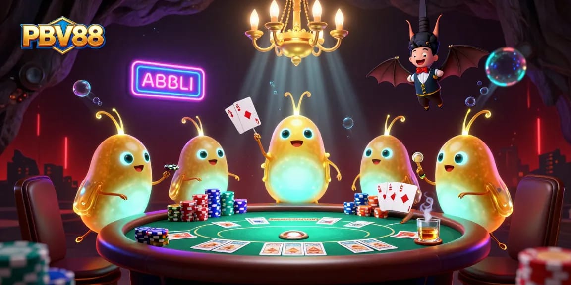 Witness the excitement at PBV88 with glowworms lighting up a dynamic poker scene in a cave casino.