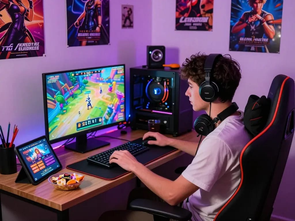 Gamer enjoying porn games in vibrant home setting with engaging visuals.