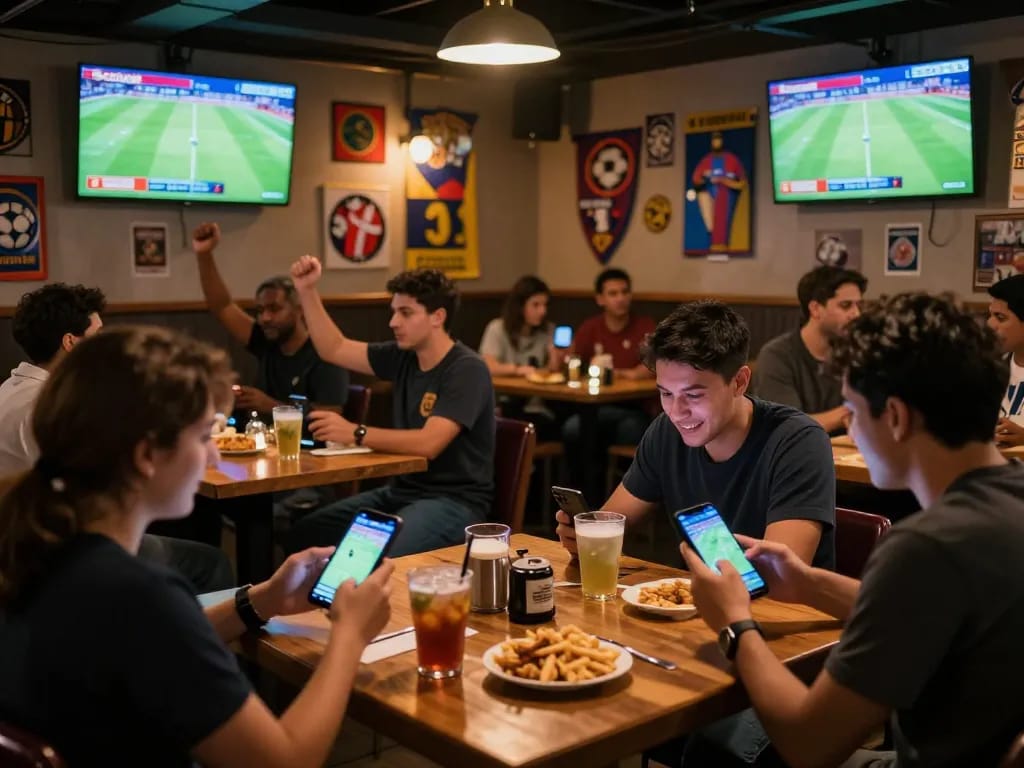 Socolive stream being enjoyed by fans at a sports bar while actively engaging in mobile betting.