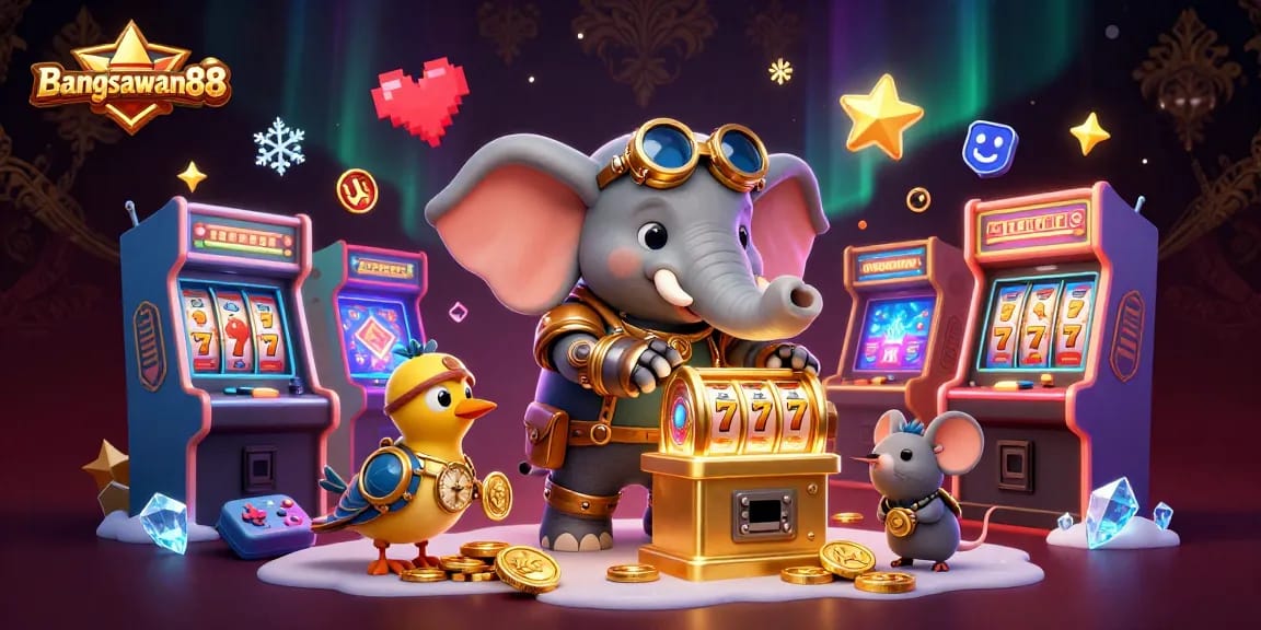 Bangsawan88 delivers vibrant gaming action with steampunk characters delighting in a colorful casino landscape.