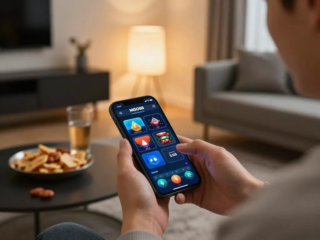 MISO88 player engaging with casino app on a smartphone in a cozy home setting.