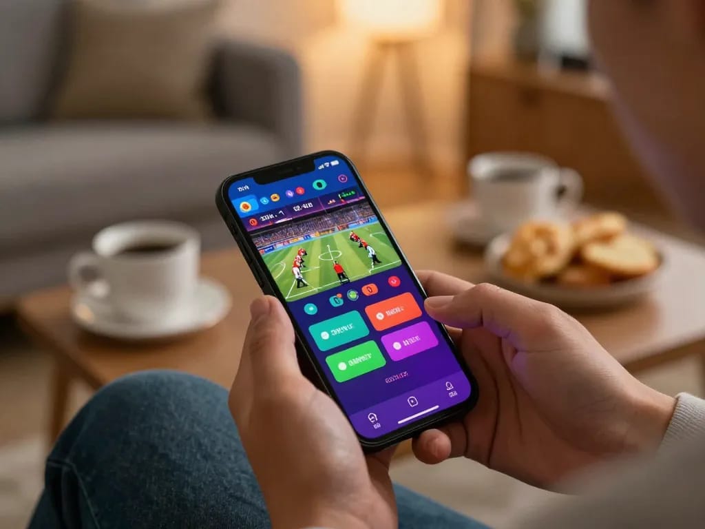 Engaging in 789win link mobile sports betting with vibrant app interface in cozy home setting.
