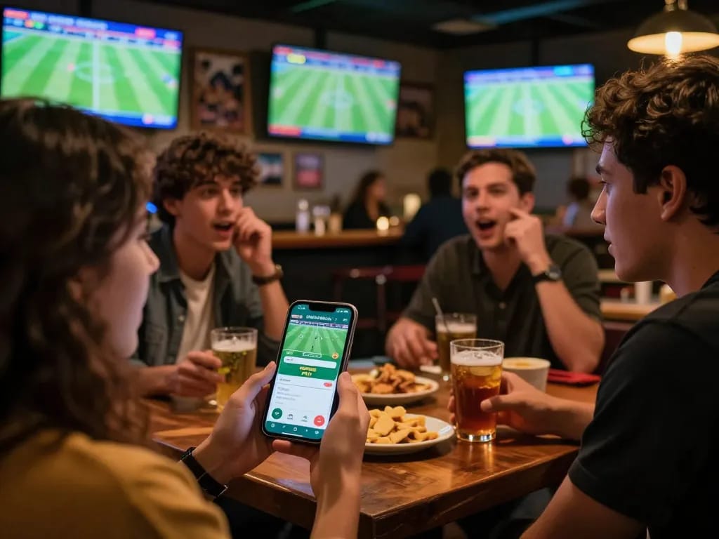 Kèo Nhà Cái as friends analyze betting odds on a smartphone while enjoying a sporting event at a lively bar.