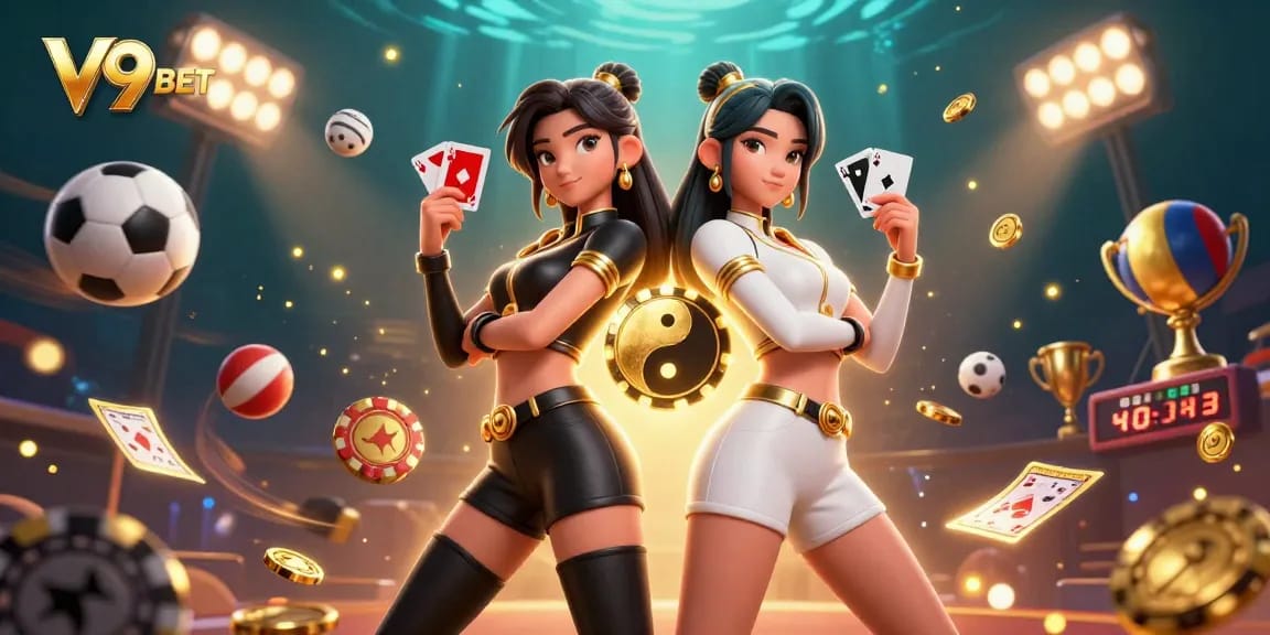 V9BET showcases stunning twin Asian women engaging in a dynamic casino scene with vivid 3D graphics.
