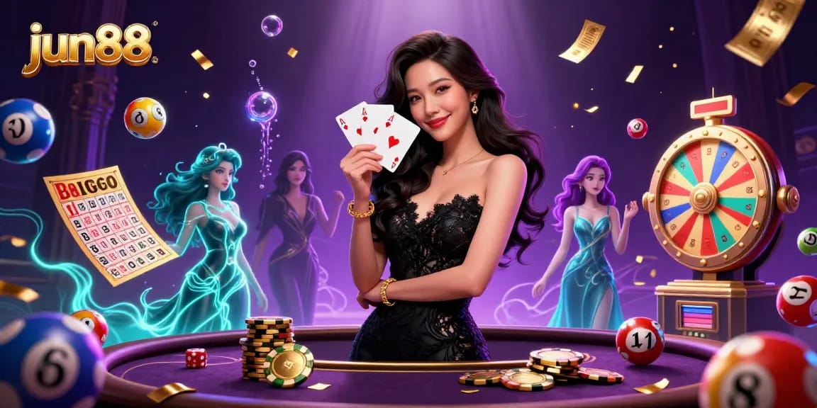 Experience thrilling gaming at jun88 with an elegant woman showcasing casino action surrounded by colorful lottery elements.