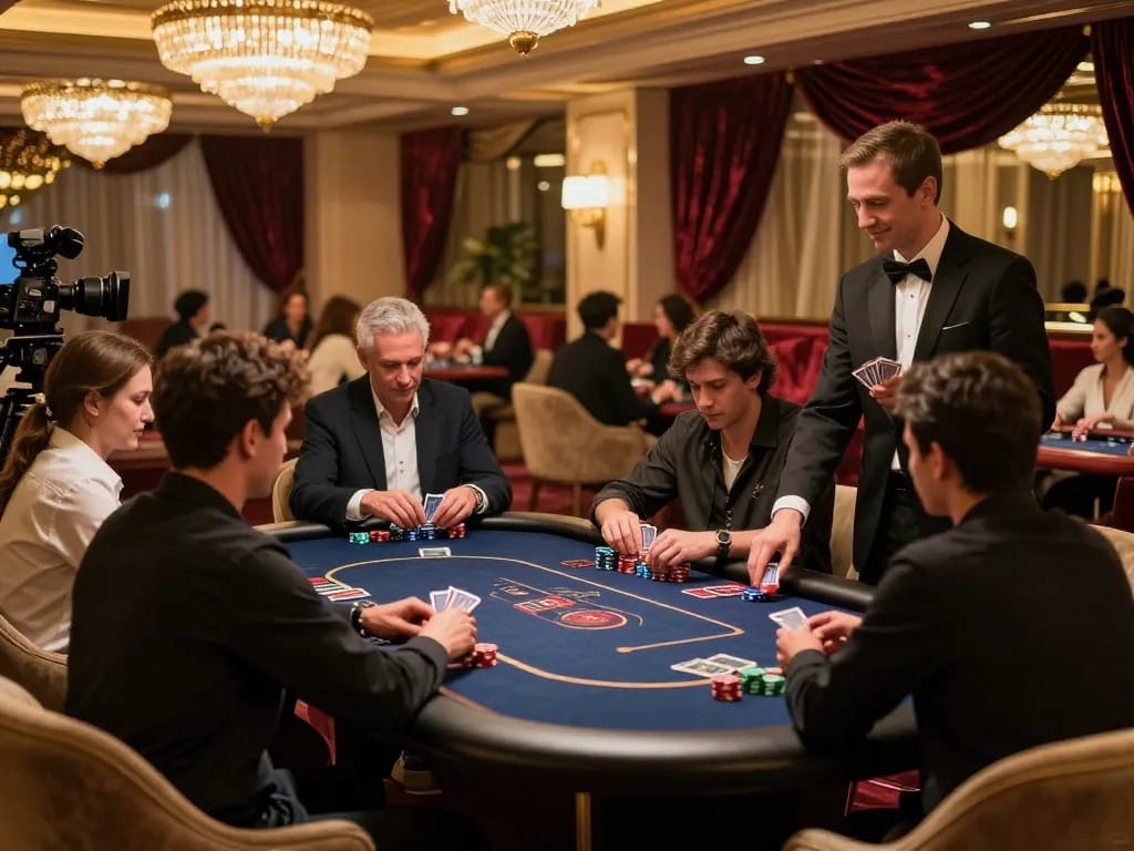KJC players enjoying a high-stakes poker game in an upscale casino VIP area with luxurious ambiance.