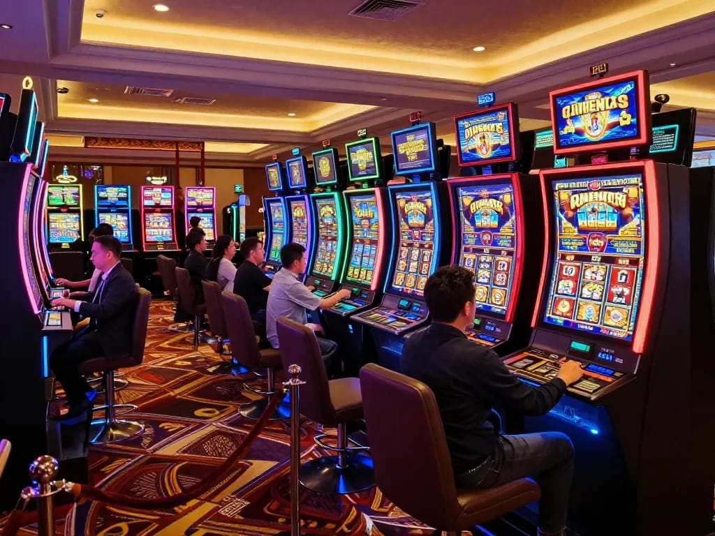 Players enjoying the thrill of slot machines at MB66-t casino, celebrating victories in vibrant atmosphere