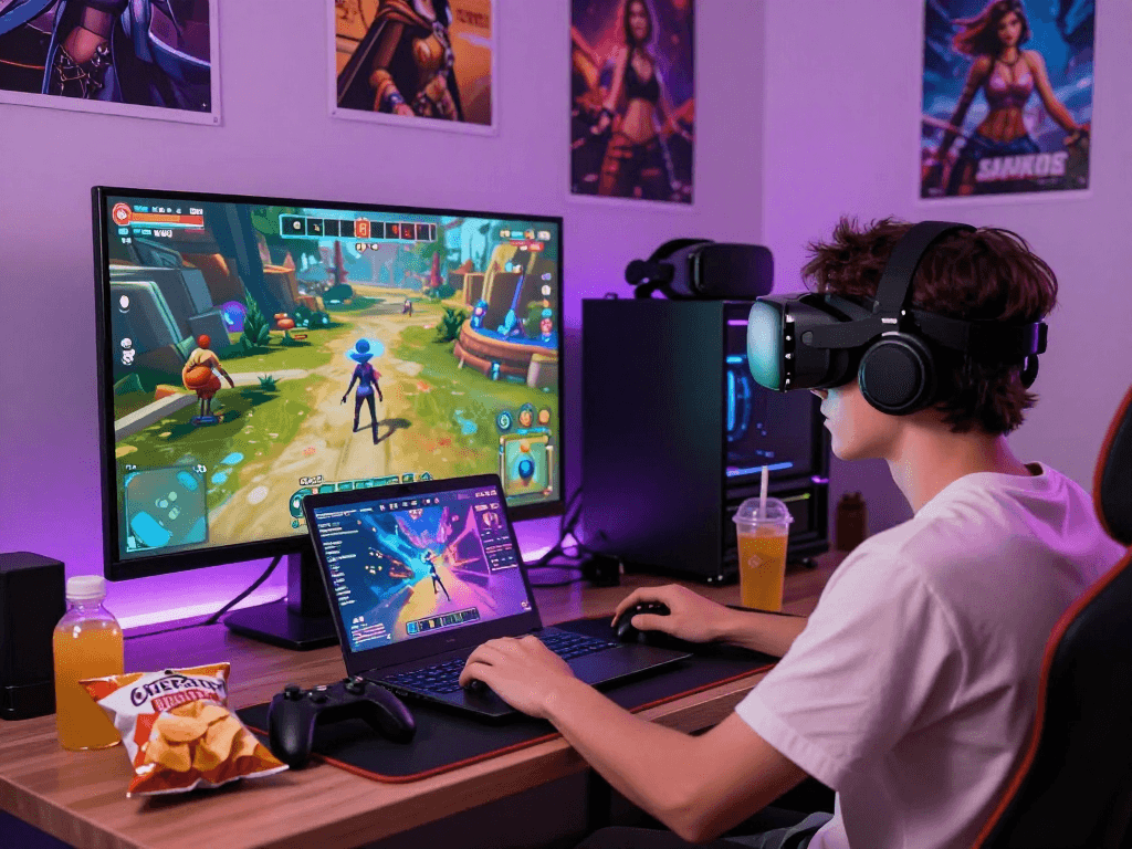 Dynamic scene of a gamer enjoying online porn games with interactive elements and vibrant graphics.