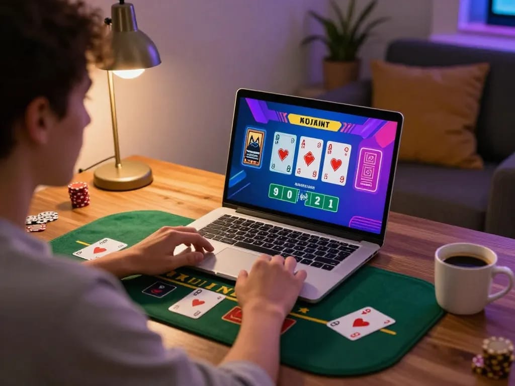 Player enjoys an engaging blackjack game on nk88 platform from a cozy home setup.