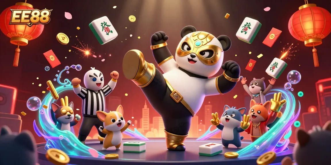 EE88 showcases a thrilling scene with a professional wrestler panda and animal spectators celebrating a winning moment in an online casino.