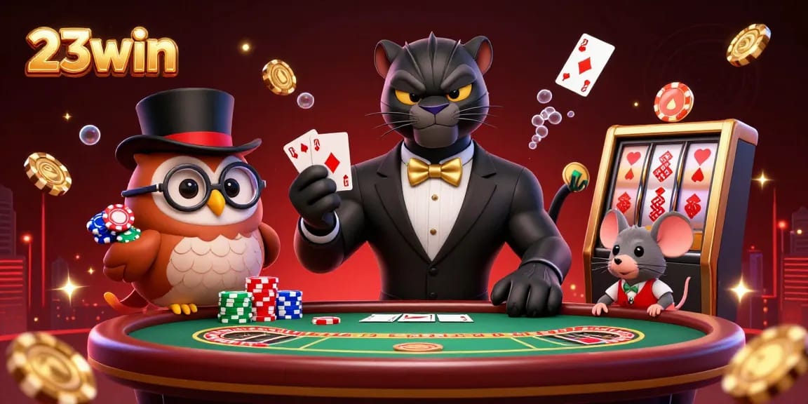 Engage in thrilling casino action with 23win, where a cartoon panther elegantly deals cards alongside a wise owl and a lucky mouse.