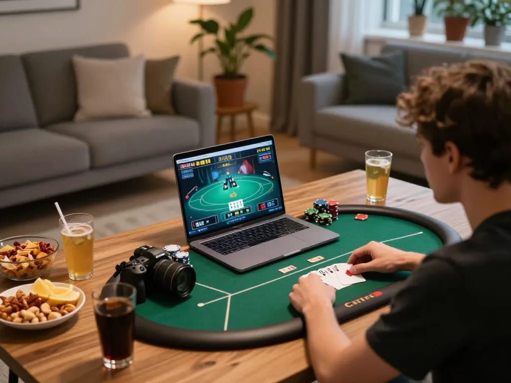 O8 online poker scene with player focusing on game strategy while enjoying a cozy home setup