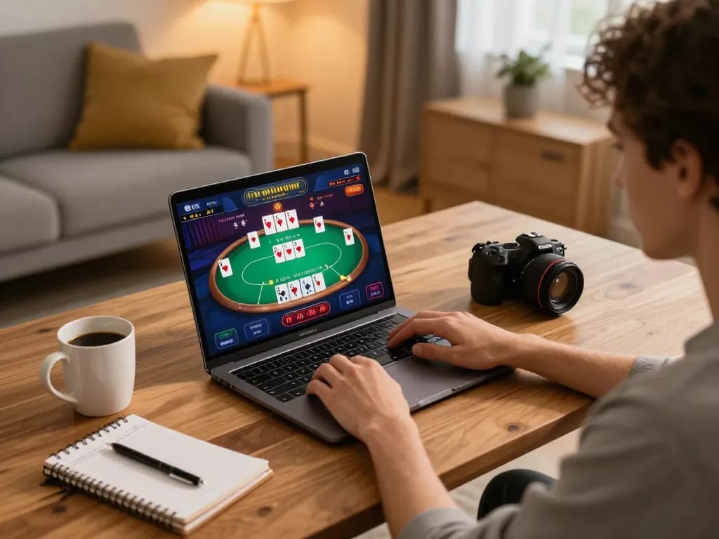 Engaging with online gaming at https://lu88.jpn.com/ through a laptop in a cozy home setup with poker strategies visible.