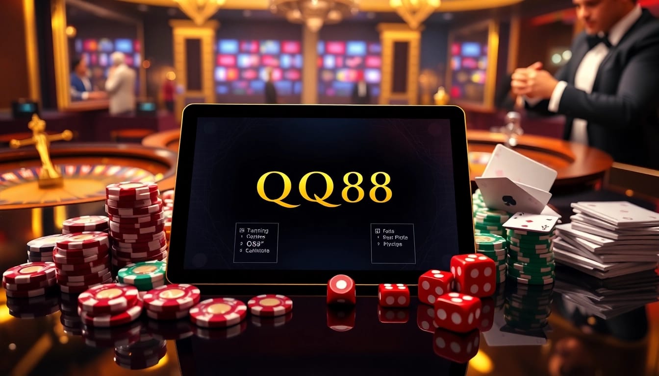 Experience the excitement of QQ88 with a luxurious online gaming setup featuring poker chips and cards.