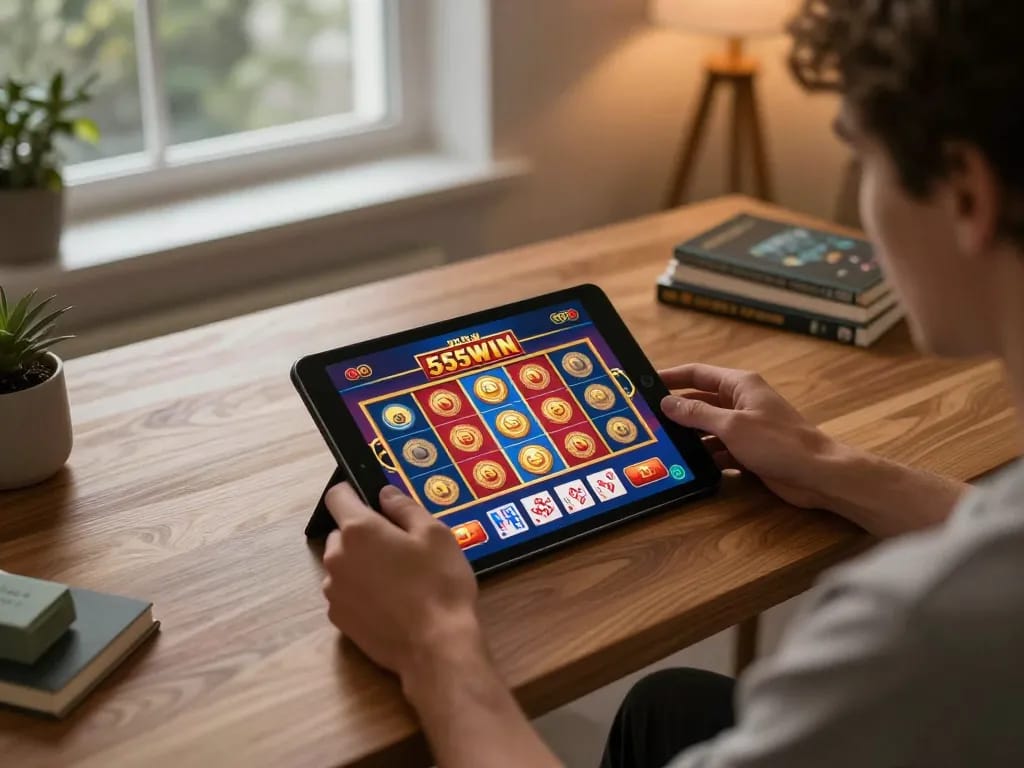 Person enjoying 555WIN casino games on a tablet, immersed in online gambling experience.