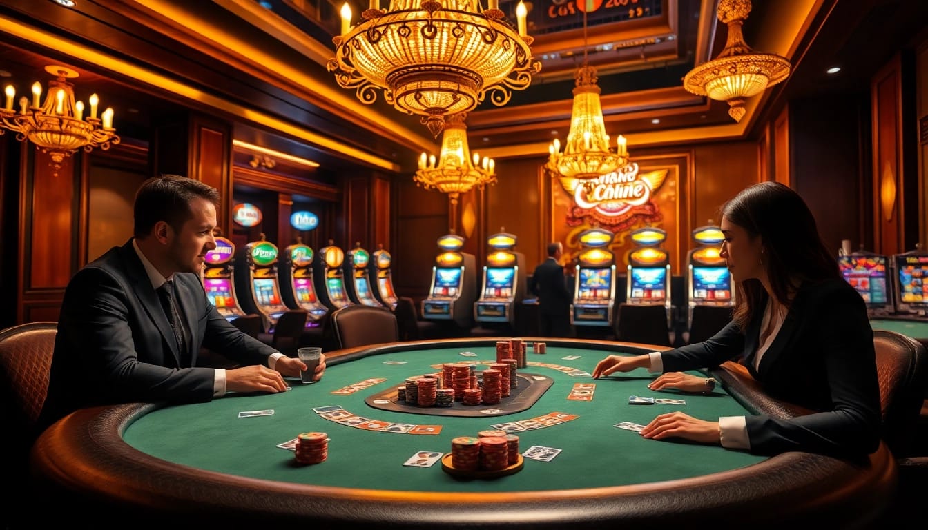 Exciting poker game at NOHU90 casino with players, chips, and elegant ambiance.