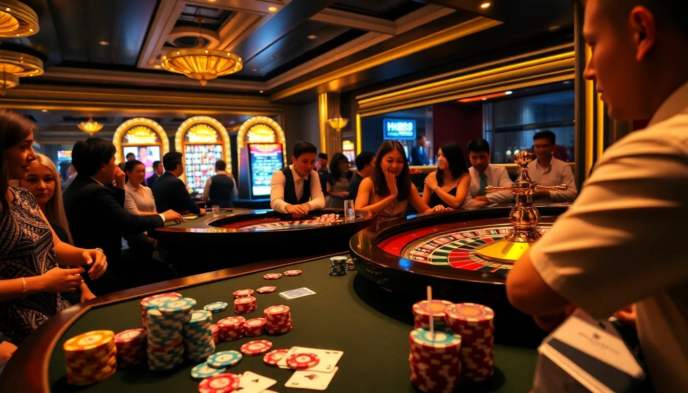 Players engaging at a vibrant casino table, experiencing the thrill of gambling with hm88 poker chips.